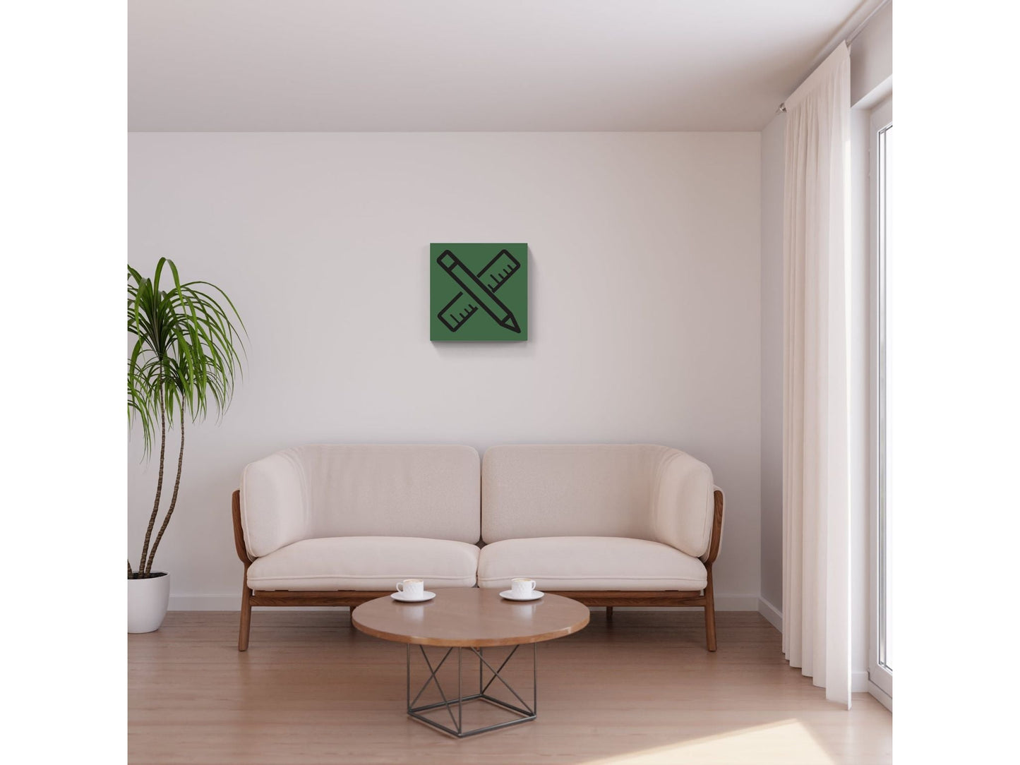 Modern living room with beige sofa, round wooden coffee table, potted plant, and wall art featuring a pencil and ruler icon for item customizations