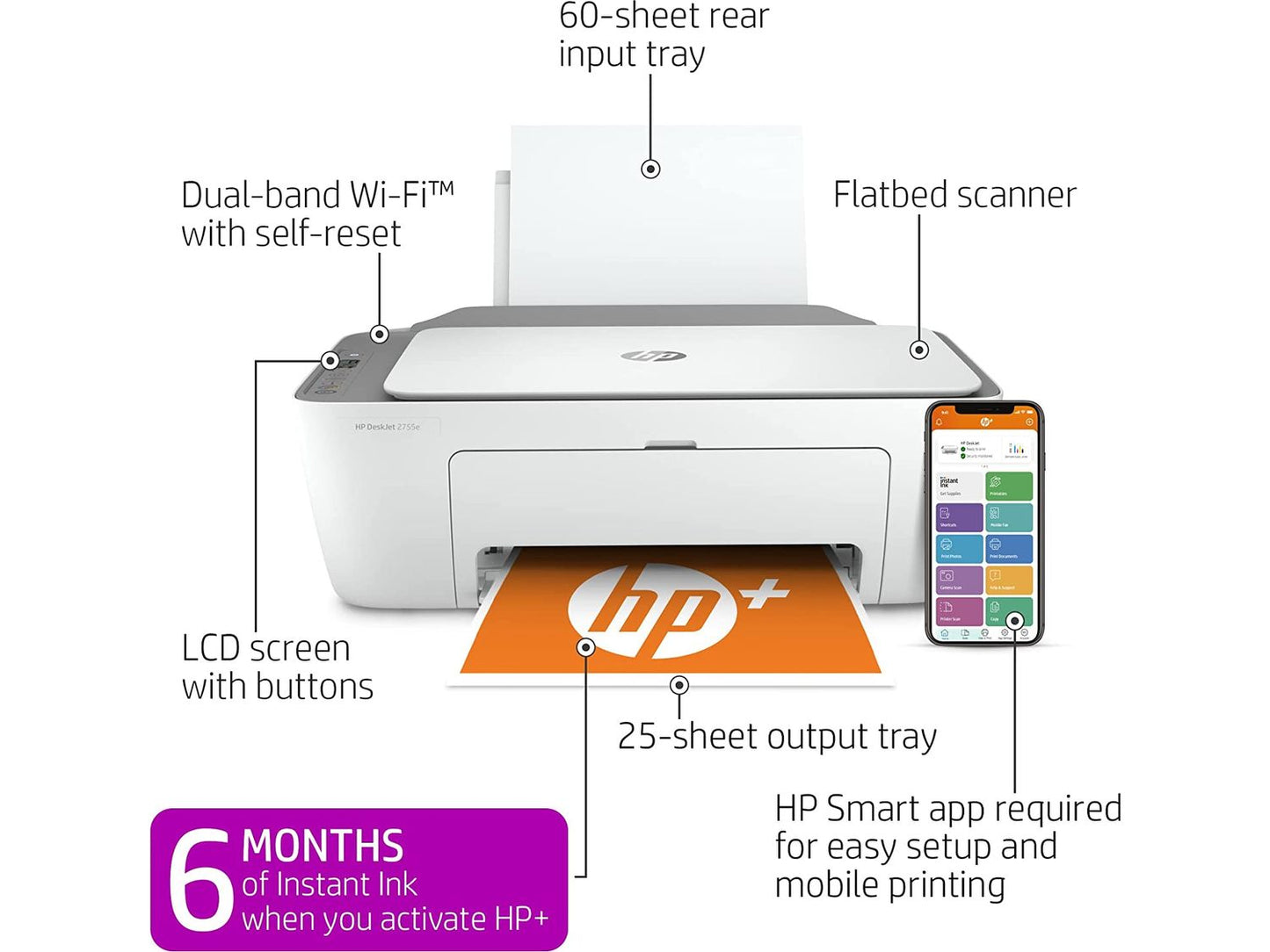 HP DeskJet 2755e Wireless Color All-in-One Printer with bonus 6 months Instant Ink with HP+ (26K67A)